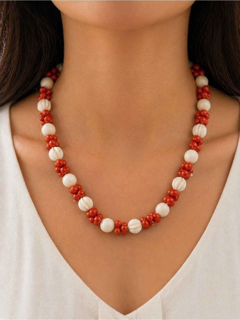 Natural Red Coral & Cream Bead Necklace 20” Gold Tone Clasp